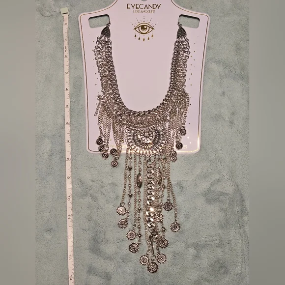 NWT Eye Candy Luna Coin Silver Necklace Bohemian Fringe Maximalism Eclectic - Picture 7 of 7